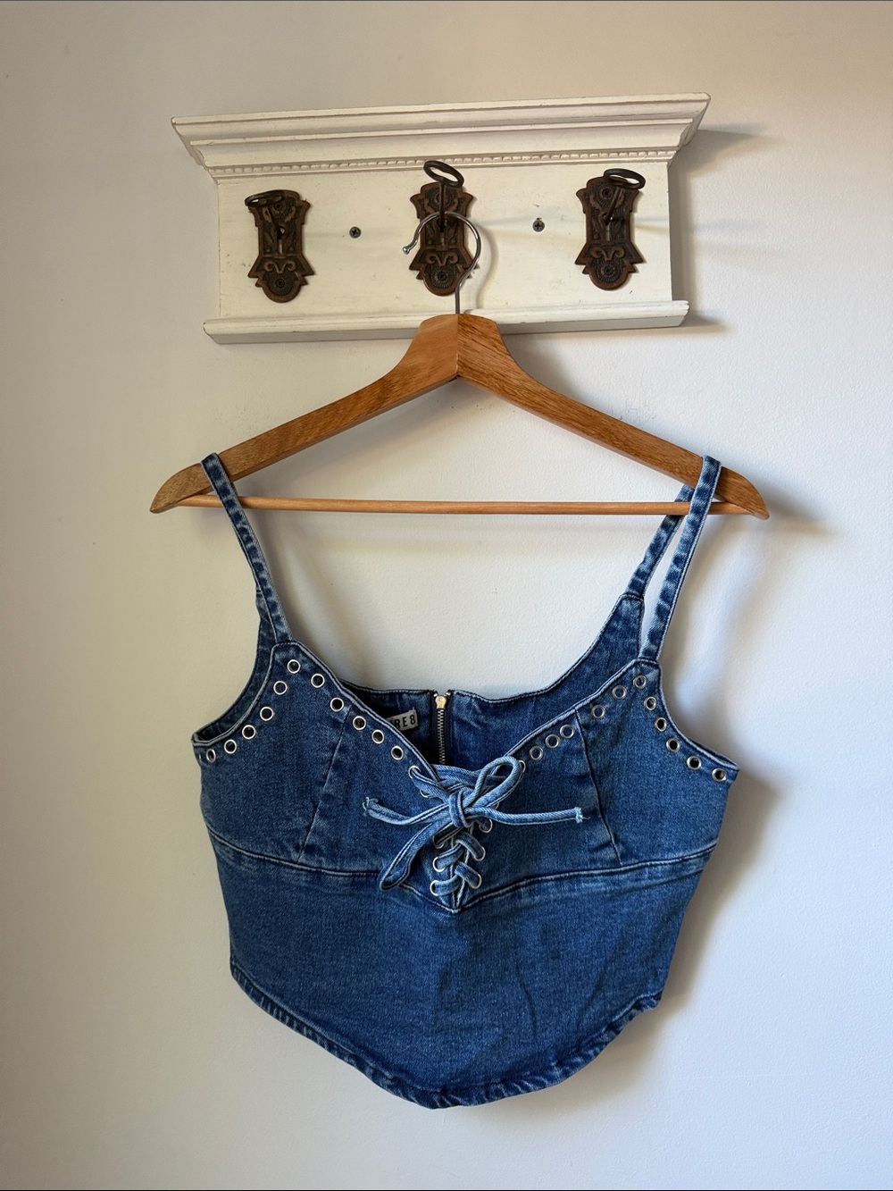 Signature8 Denim Crop Top - Indigo Blue Lace up Front Grommet Trim Corset
